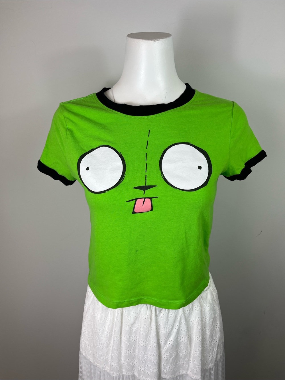 Nickelodeon Invaders Zim Lime Green Gir Animated Face Ringer Tee with Black Trim